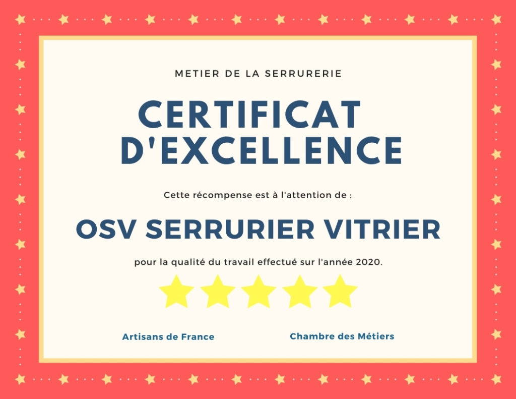 Certificat d'Excellence OSV Serrurier Vitrier Lyon 2020-2021